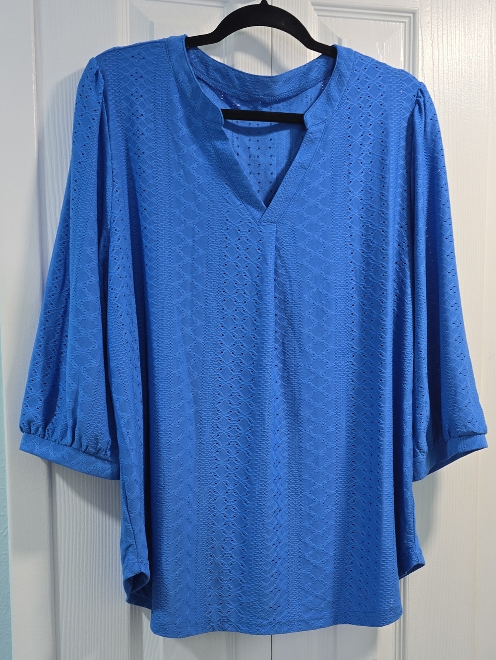 Blue Eyelet V-Neck Women's Top